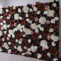 big brown and white rose cloth flower wall fabric rollin up reed pampas grass curtain floral wall wedding backdrop party event props