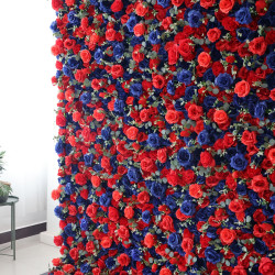 blue and red roses and green leaves cloth roll up flower wall fabric hanging curtain plant wall event party wedding backdrop