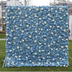 blue rose and white peony cloth roll up flower wall fabric hanging curtain plant wall event party wedding backdrop