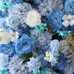 blue roses and hydrangeas and lasagna daisies cloth roll up flower wall fabric hanging curtain plant wall event party wedding backdrop