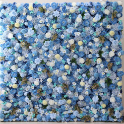 blue roses and hydrangeas and lasagna daisies cloth roll up flower wall fabric hanging curtain plant wall event party wedding backdrop