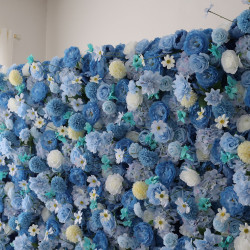 blue roses and peonies and lasagna daisies cloth roll up flower wall fabric hanging curtain plant wall event party wedding backdrop