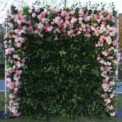 green leaves pink rose faux floral wall backdrop