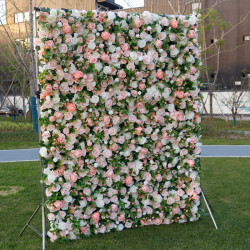 light pink white roses green leaves artificial flower fake flower wall background