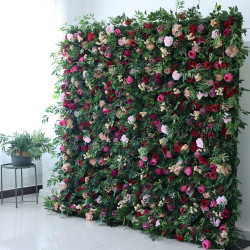mixed color roses and green leaves cloth roll up flower wall fabric hanging curtain plant wall event party wedding backdrop