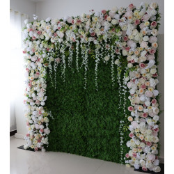 mixed colors of roses and peonies and grass walls cloth roll up flower wall fabric hanging curtain plant wall event party wedding backdrop