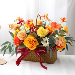 orange wedding basket flowers, orange artificial wedding flowers, diy wedding flowers, wedding faux flowers