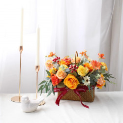 orange wedding basket flowers, orange artificial wedding flowers, diy wedding flowers, wedding faux flowers