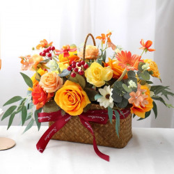orange wedding basket flowers, orange artificial wedding flowers, diy wedding flowers, wedding faux flowers
