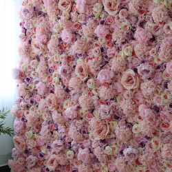 pink and purple roses and pink hydrangeas cloth roll up flower wall fabric hanging curtain plant wall event party wedding backdrop