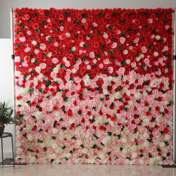 pink red light yellow roses and green leaves cloth roll up flower wall fabric hanging curtain plant wall event party wedding backdrop