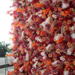 red and pink roses and red hydrangeas cloth roll up flower wall fabric hanging curtain plant wall event party wedding backdrop