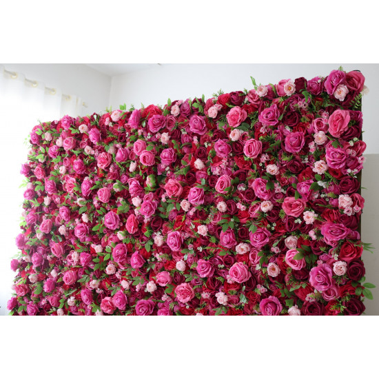 red and rose roses and green leaves cloth roll up flower wall fabric hanging curtain plant wall event party wedding  backdrop