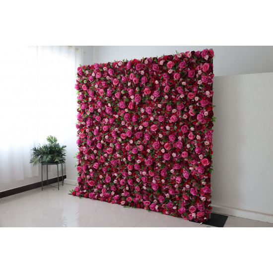 red and rose roses and green leaves cloth roll up flower wall fabric hanging curtain plant wall event party wedding  backdrop