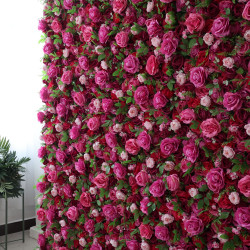 red and rose roses and green leaves cloth roll up flower wall fabric hanging curtain plant wall event party wedding  backdrop