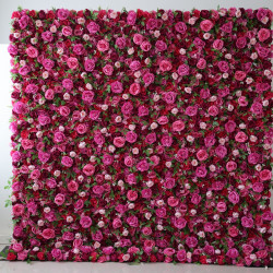 red and rose roses and green leaves cloth roll up flower wall fabric hanging curtain plant wall event party wedding  backdrop