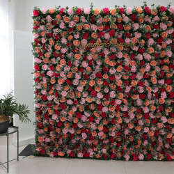 red pink orange roses and green leaves cloth roll up flower wall fabric hanging curtain plant wall event party wedding backdrop